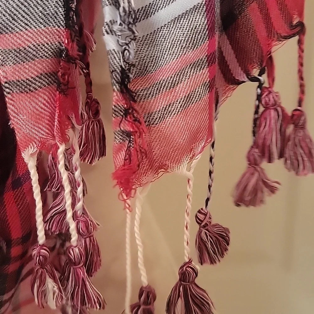 Red White and Black Plaid Scarf with Raw Hem and Tassles